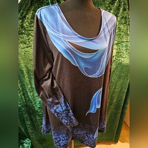 Black and Blue Tunic Top With Scarf-like Design Long Sleeve Elegant Looking